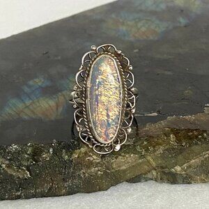 VTG Sterling Silver 925 Elongated Foil Opal Filigree Scrollwork Ring Sz 4.75
